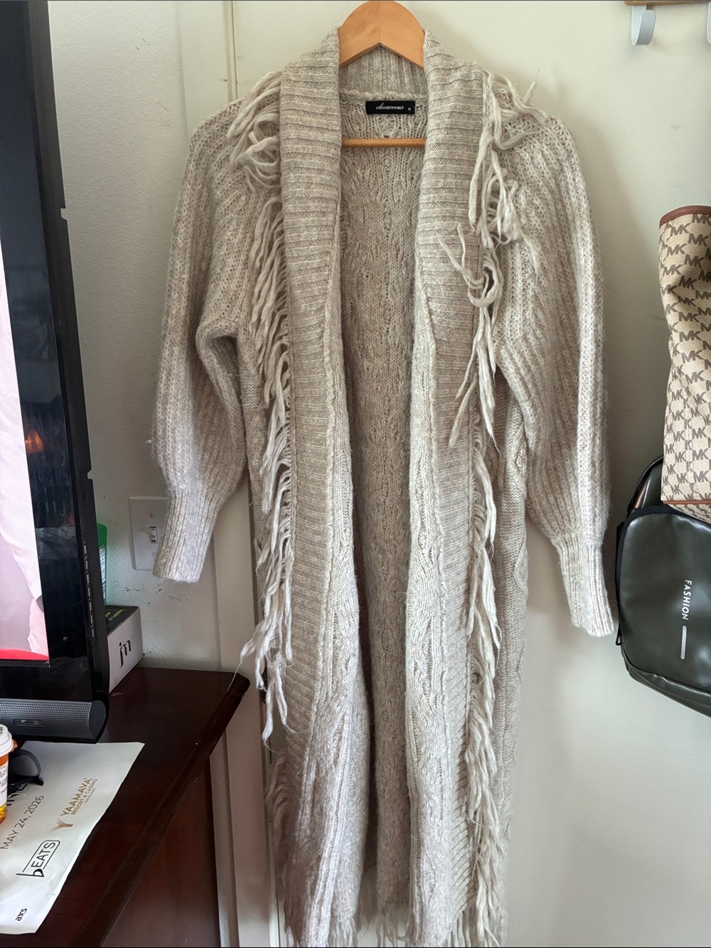 Olivaceous Long Fringe Open-Front Cardigan - Beige